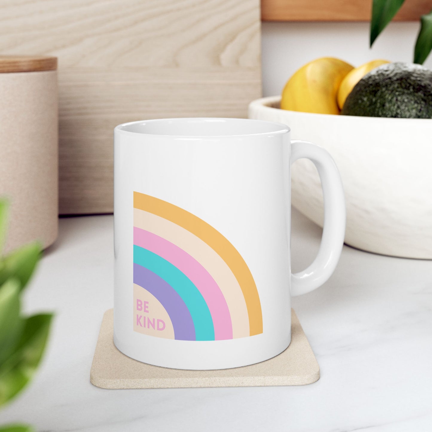 White Ceramic Rainbow Be Kind Mug, Kindness Coffee Cup