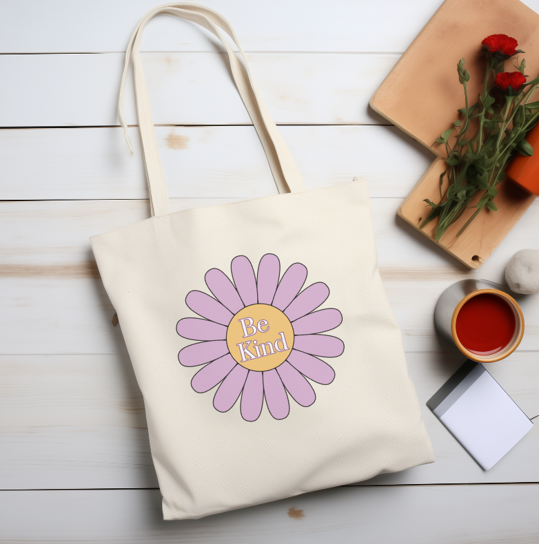 Cotton Canvas Tote Bag Be Kind Purple Flower