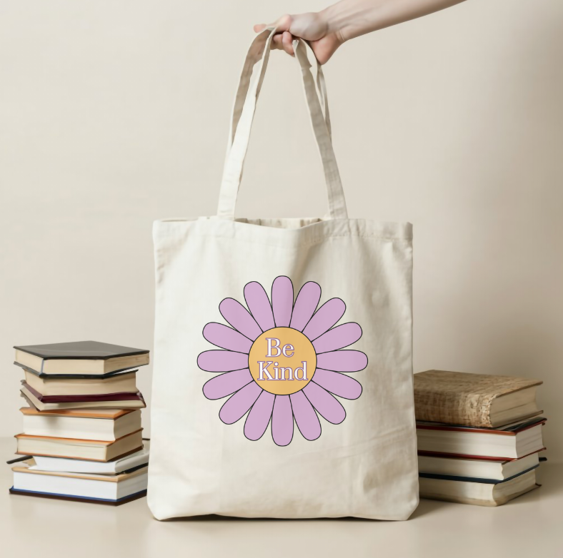 Cotton Canvas Tote Bag Be Kind Purple Flower